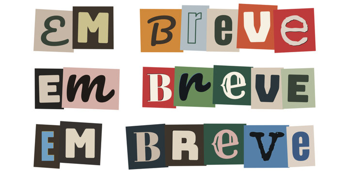 Frase em breve em estilo de colagem de letras recortadas para marketing e teasers