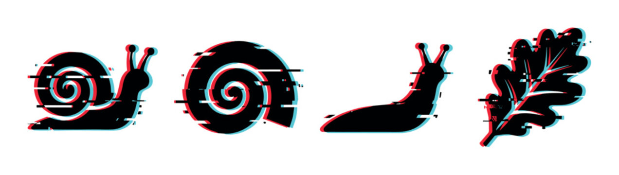 Snail, slug, leaf, and shell silhouettes with a modern digital glitch effect and chromatic aberration