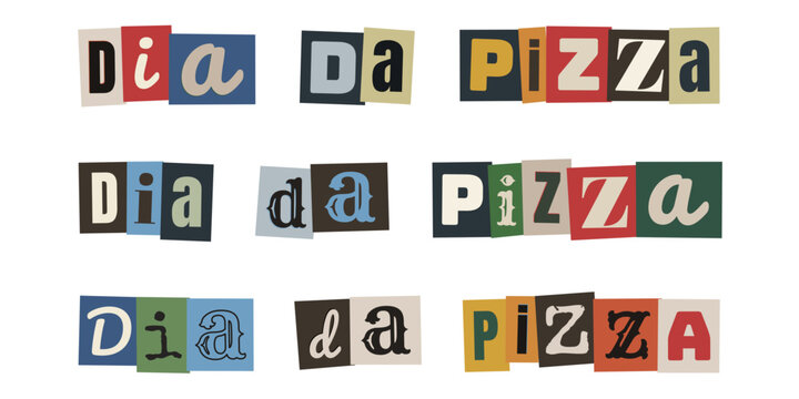 Letreiro Dia da Pizza com est&eacute;tica retr&ocirc; de recorte de revista para marketing de pizzaria artesanal