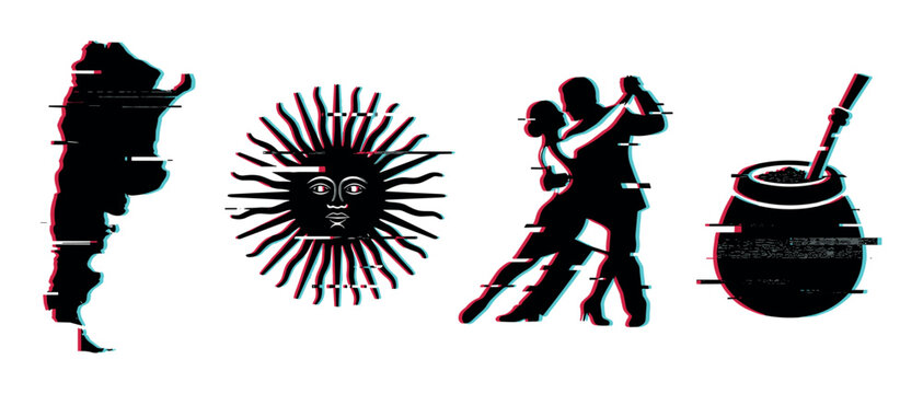 Argentina symbols, map, sun, tango dancers, and mate drink with a modern digital glitch effect illustration.