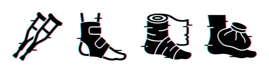 Fototapeta premium Crutches, ankle brace, bandaged foot, and ice pack icons representing various medical treatments and recovery tools for leg and foot injuries.
