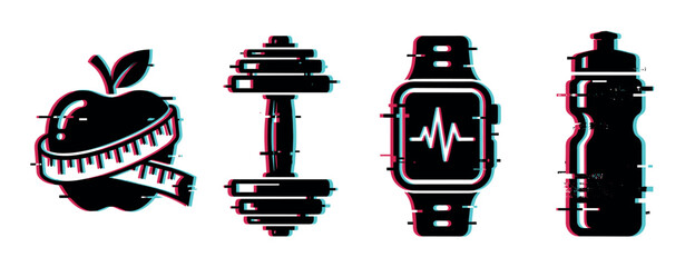 Naklejka premium Glitch effect fitness and health icons including an apple with measuring tape, dumbbell, smartwatch, and water bottle representing a healthy lifestyle.