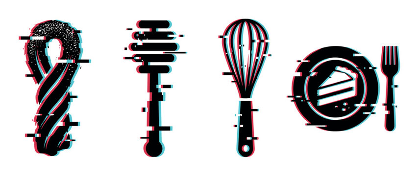 Sweet dessert and kitchen utensil icons featuring a churro, honey dipper, whisk, and cake slice with fork in a modern glitch style.