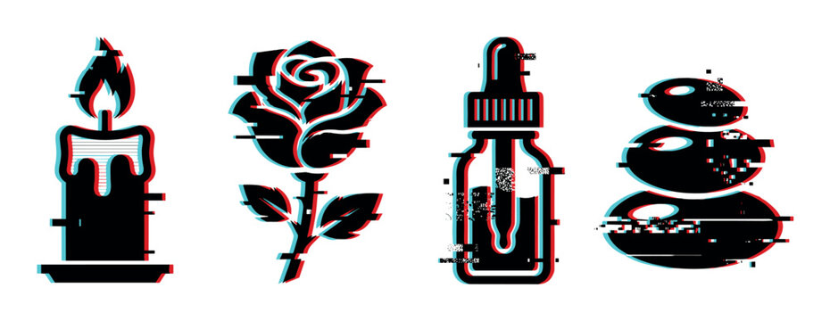 Candle, rose, dropper bottle, and spa stones with a modern digital glitch effect, representing wellness and relaxation.