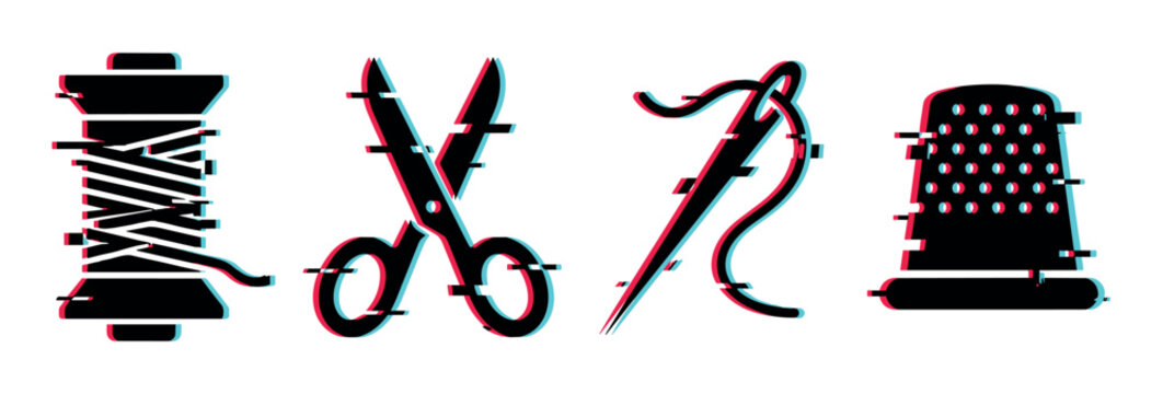 Spool, scissors, needle, thimble with glitch effect representing sewing and tailoring tools in a modern digital style.