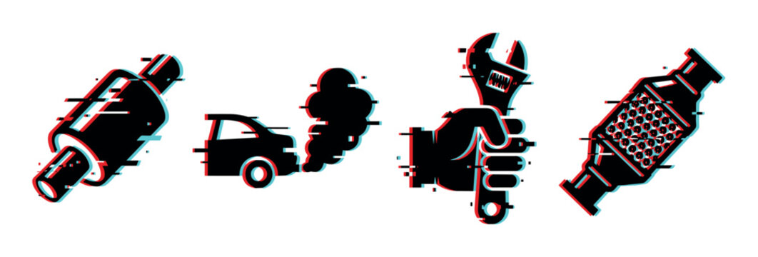 Car exhaust system repair and maintenance icons featuring muffler, smoke, wrench, and catalytic converter with a modern digital glitch effect.