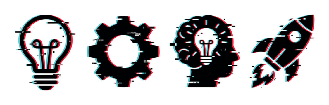 Digital innovation icons with glitch effect featuring lightbulb, gear, human head, and rocket representing creative ideas, process, and startup concepts.