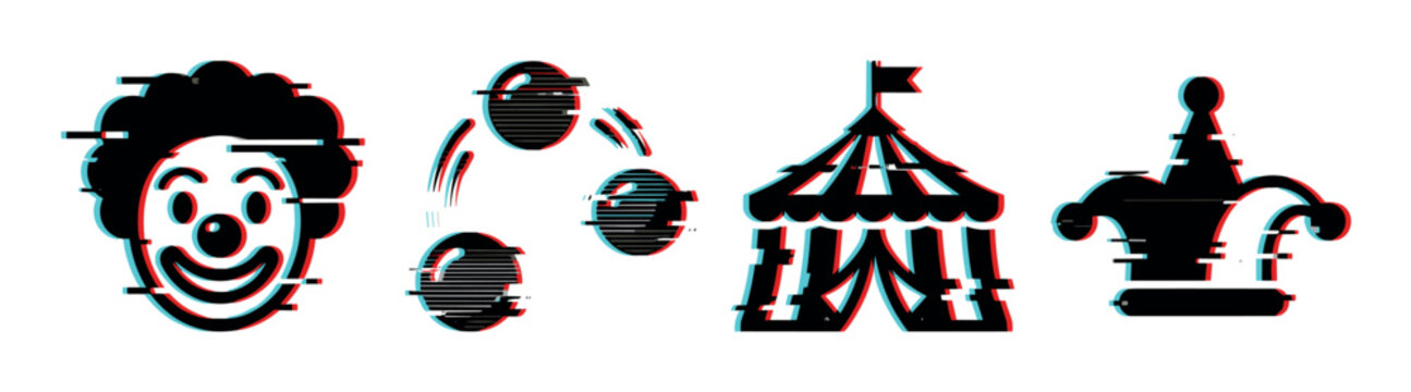 Glitch effect circus icons set featuring a clown face, juggling balls, a big top tent, and a jester hat.