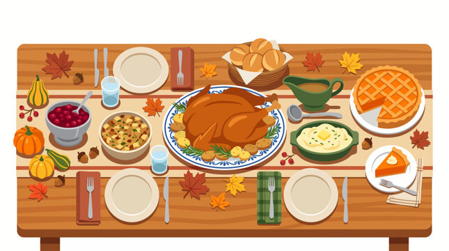 Top view of a traditional thanksgiving dinner table with roasted turkey, pies, and side dishes, vector illustration.