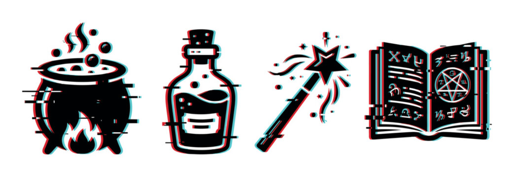Cauldron, potion, magic wand, and spell book icons with a modern glitch effect, representing fantasy and witchcraft concepts.