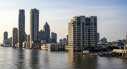 Fototapeta premium City skyline by water at sunset.