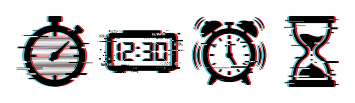 Time icons with glitch effect including stopwatch, digital clock, alarm clock, and hourglass representing measurement and deadlines.