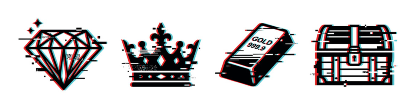 Diamond crown gold bar treasure chest icons with a modern digital glitch effect, representing wealth, luxury, and success in a contemporary style.