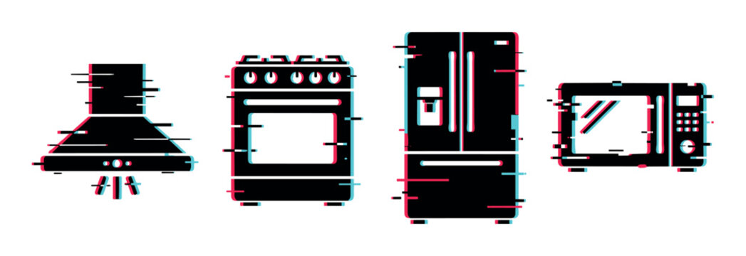 Glitch effect kitchen appliances set including a range hood, stove, refrigerator, and microwave oven with digital distortion.