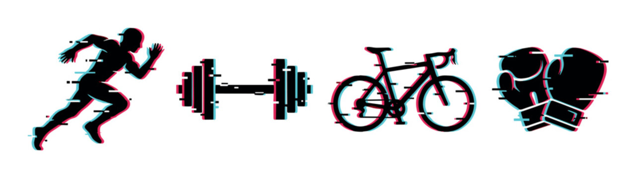 Runner, dumbbell, bicycle, and boxing gloves icons with a modern digital glitch effect representing various sports and fitness activities.