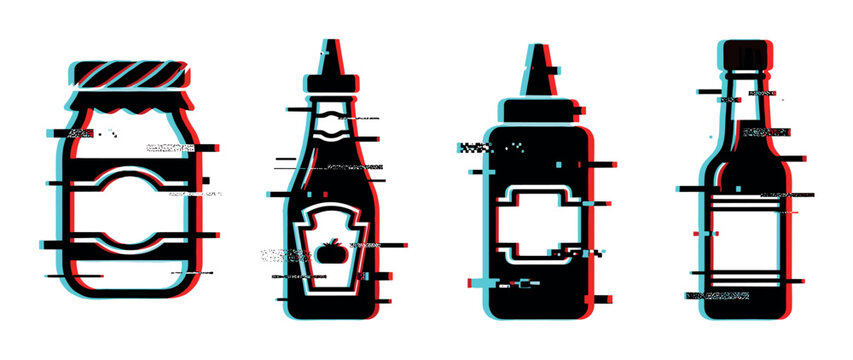 Glitch effect condiment bottles and jar set featuring digital distortion and retro aesthetic for food packaging concepts.