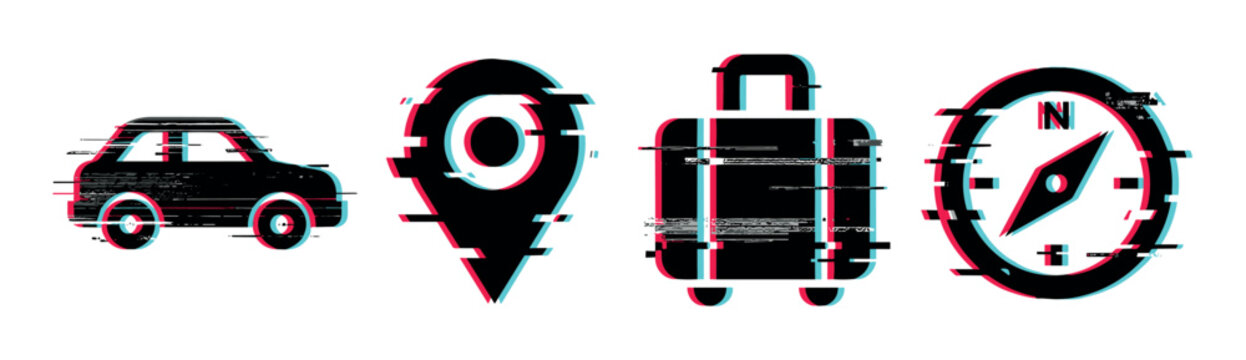 Car, location pin, suitcase, and compass icons with a modern digital glitch effect representing travel and navigation concepts.