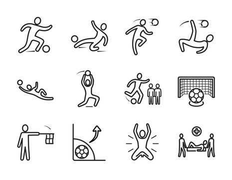 Football Actions & Gameplay  Icon Set &ndash; Dynamic Soccer Moments Minimalist Outline style of  Vector icon set  A collection of dynamic football action icon set featuring gameplay moments like dribbling