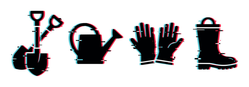 Shovel, watering can, gloves, and boot icons with a modern digital glitch effect, representing essential gardening tools and equipment.