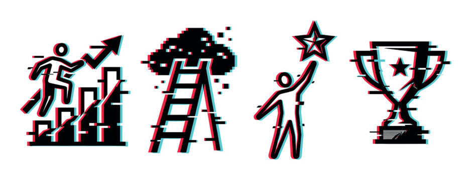 Success achievement progress goals ambition icons with a modern digital glitch effect representing business growth and personal development
