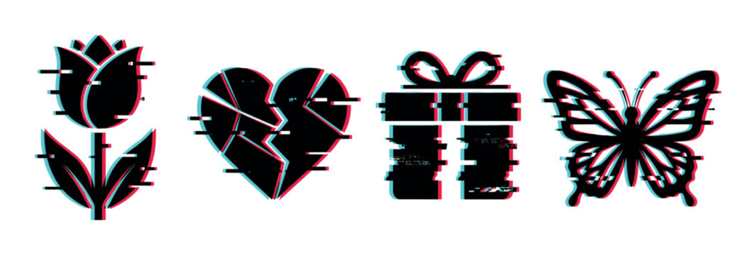 Glitch effect icons featuring a tulip, broken heart, gift box, and butterfly with digital distortion.