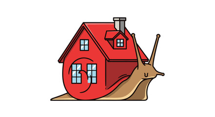 Cartoon illustration of a snail carrying a red house on its back as its shell © Mr