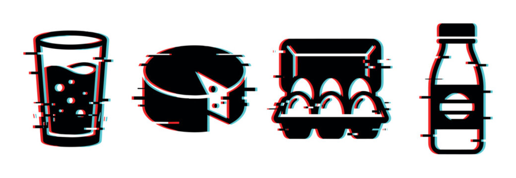 Glitch effect icons of a glass, cheese, eggs, and a bottle representing common food and drink items with a modern digital aesthetic.
