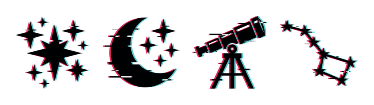 Glitch effect astronomy icons featuring stars, a crescent moon, a telescope, and a constellation for cosmic exploration.