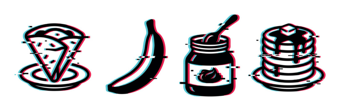 Breakfast food icons with glitch effect including a crepe, banana, chocolate spread, and pancakes, representing digital art and modern design.