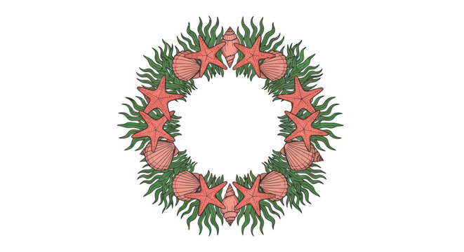 Decorative wreath of starfish, seashells and seaweed.