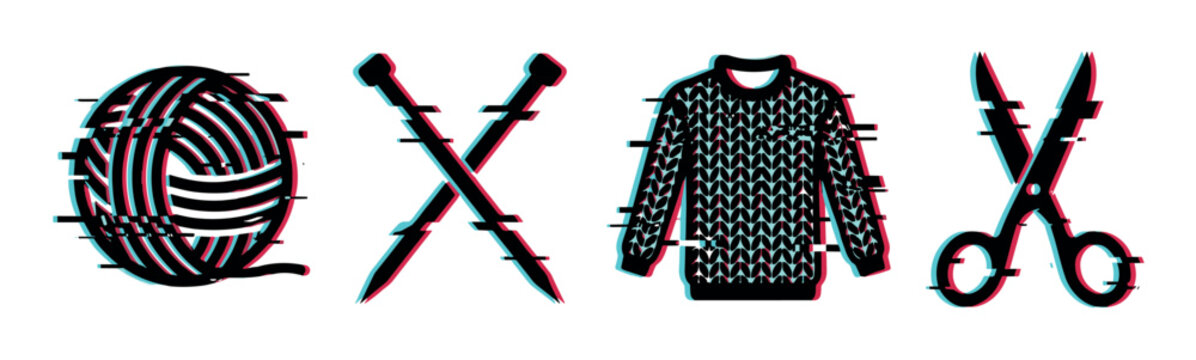 Yarn ball, knitting needles, sweater, and scissors with a modern glitch effect creating a unique craft and hobby illustration.