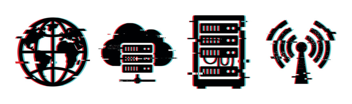 Digital network technology icons with glitch effect showing global internet, cloud computing, server data, and wireless communication concepts