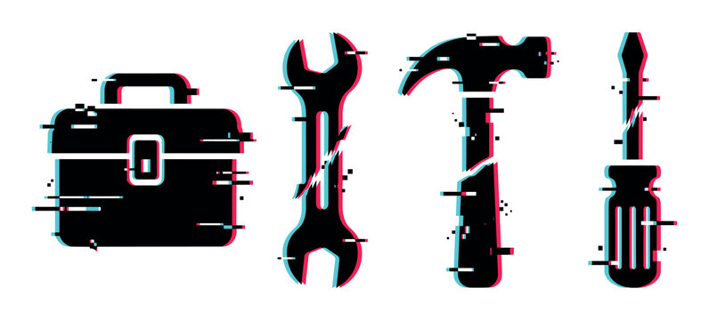 Tool icons with digital glitch effect representing maintenance and technical support concepts.