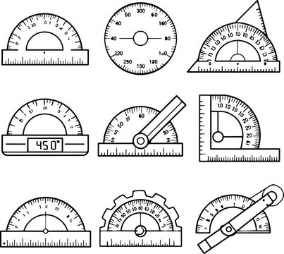 Set of nine various drawing and drafting tools including protractors and rulers