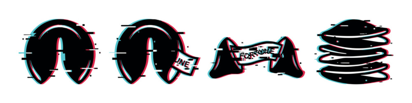 Fortune cookies with digital glitch effect and a banner displaying abstract text, creating a modern and stylized graphic illustration.