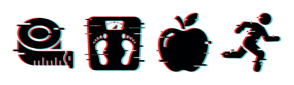 Health and fitness icons with digital glitch effect, including measuring tape, weighing scale, apple, and running person, representing wellness and active lifestyle.