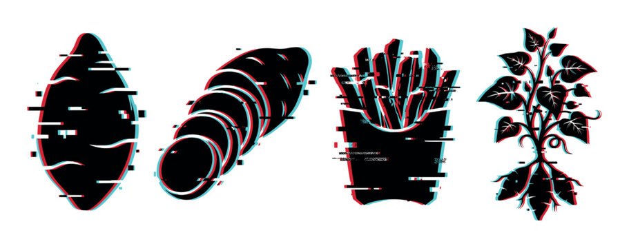 Sweet potatoes, sliced yams, and french fries with a plant silhouette featuring a modern digital glitch effect illustration.