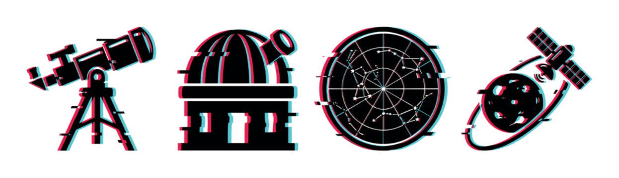 Telescope, observatory, star chart, and satellite with planet icons featuring a modern glitch effect, representing space exploration and scientific discovery.