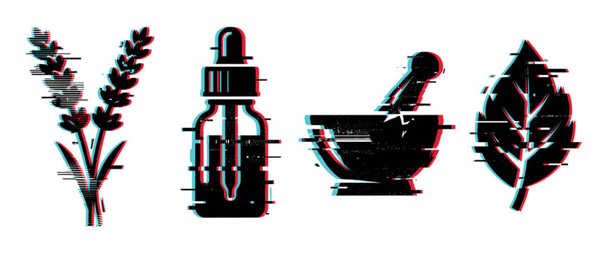 Lavender, dropper bottle, mortar and pestle, and leaf icons with a modern glitch effect representing natural herbal medicine and wellness.