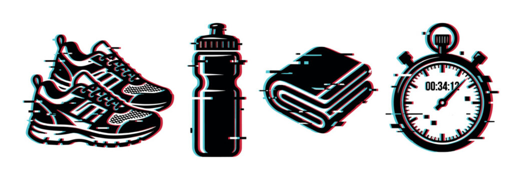 Running shoes, water bottle, towel, and stopwatch with a modern digital glitch effect representing fitness and exercise equipment.