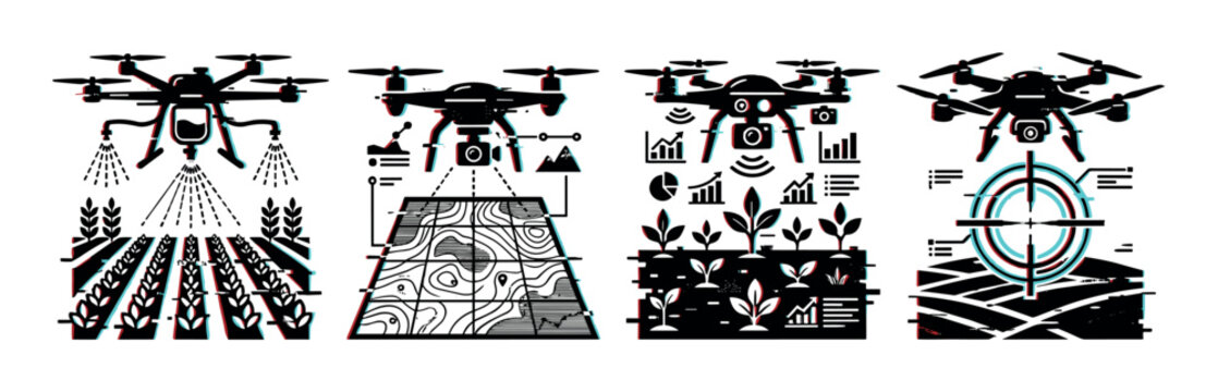 Agricultural drones utilizing advanced technology for precision farming, crop spraying, field mapping, and plant health monitoring.