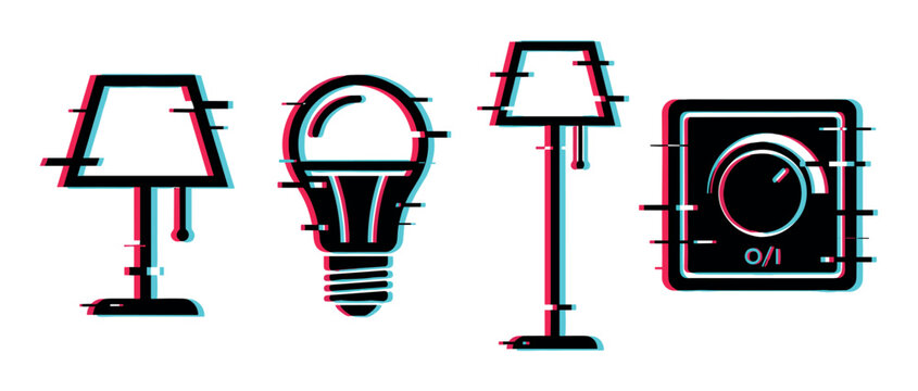 Modern lighting and smart home control icons with a trendy glitch effect, representing digital technology and futuristic design.