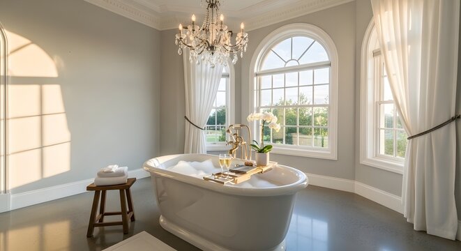 Luxurious Freestanding Bathtub in an Elegant Bathroom with Chandelier, Champagne, and Natural Light