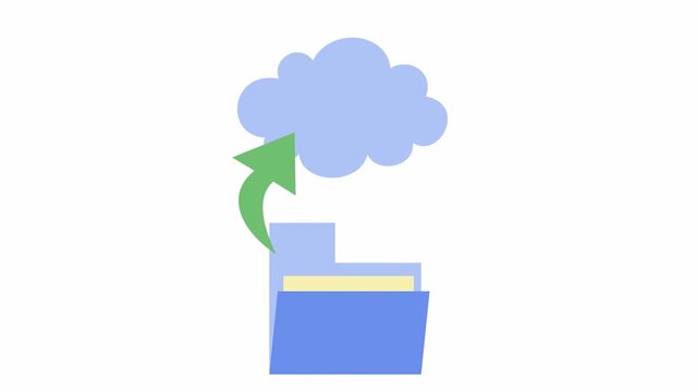 Blue folder icon with green arrow uploading data to the cloud in a cartoon animation. Flat design digital file migration and cloud storage synchronization concept in the alpha channel.