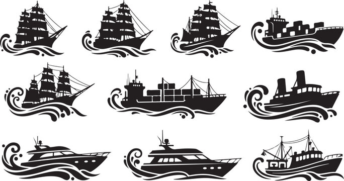 Black and white ships on wavy ocean water