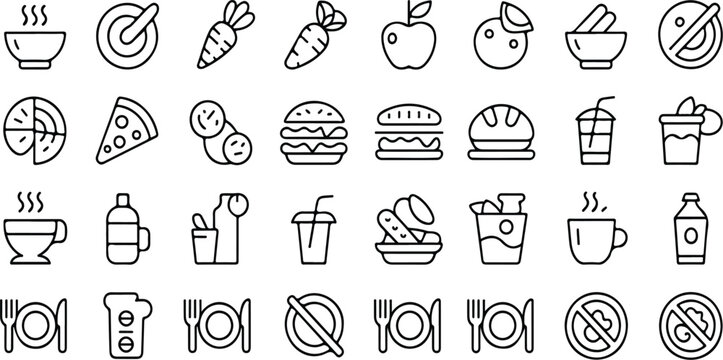 Vegetable dish poke bowl healthy salad set meal line icons with pizza pasta spaghetti burger breakfast fish juice apple carrot vector illustration