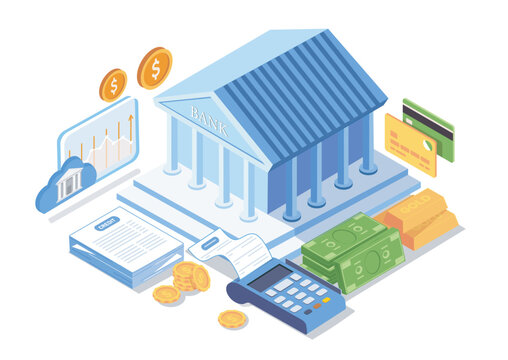 Bank building with money, cards, coins and financial chart in clean isometric style on white background, symbolizing finance and economy. Hand-drawn vector illustration