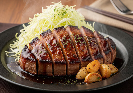 千切りキャベツを添えた濃厚なウスターソースが絡む厚切り豚肉のとんてき