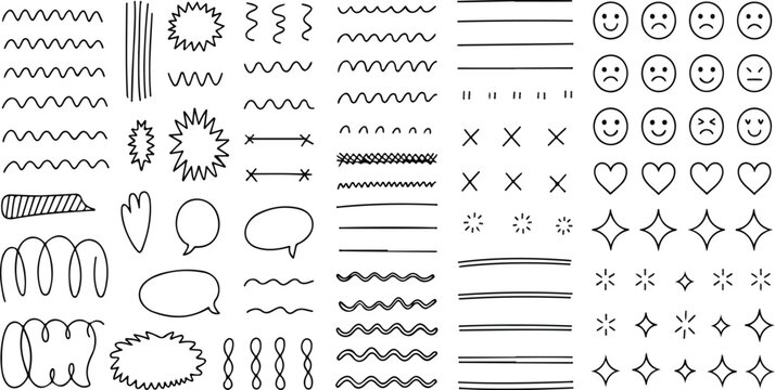 Scribble doodle underline emphasis line shape set with hand drawn brush stroke elements for highlight decoration and modern design accents