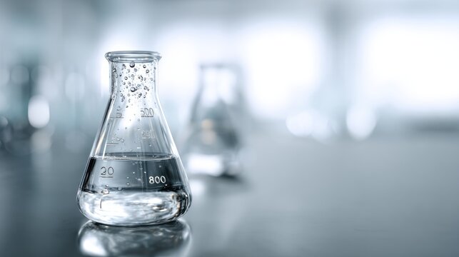 Elegant laboratory conical flask with water, scientific exploration concept